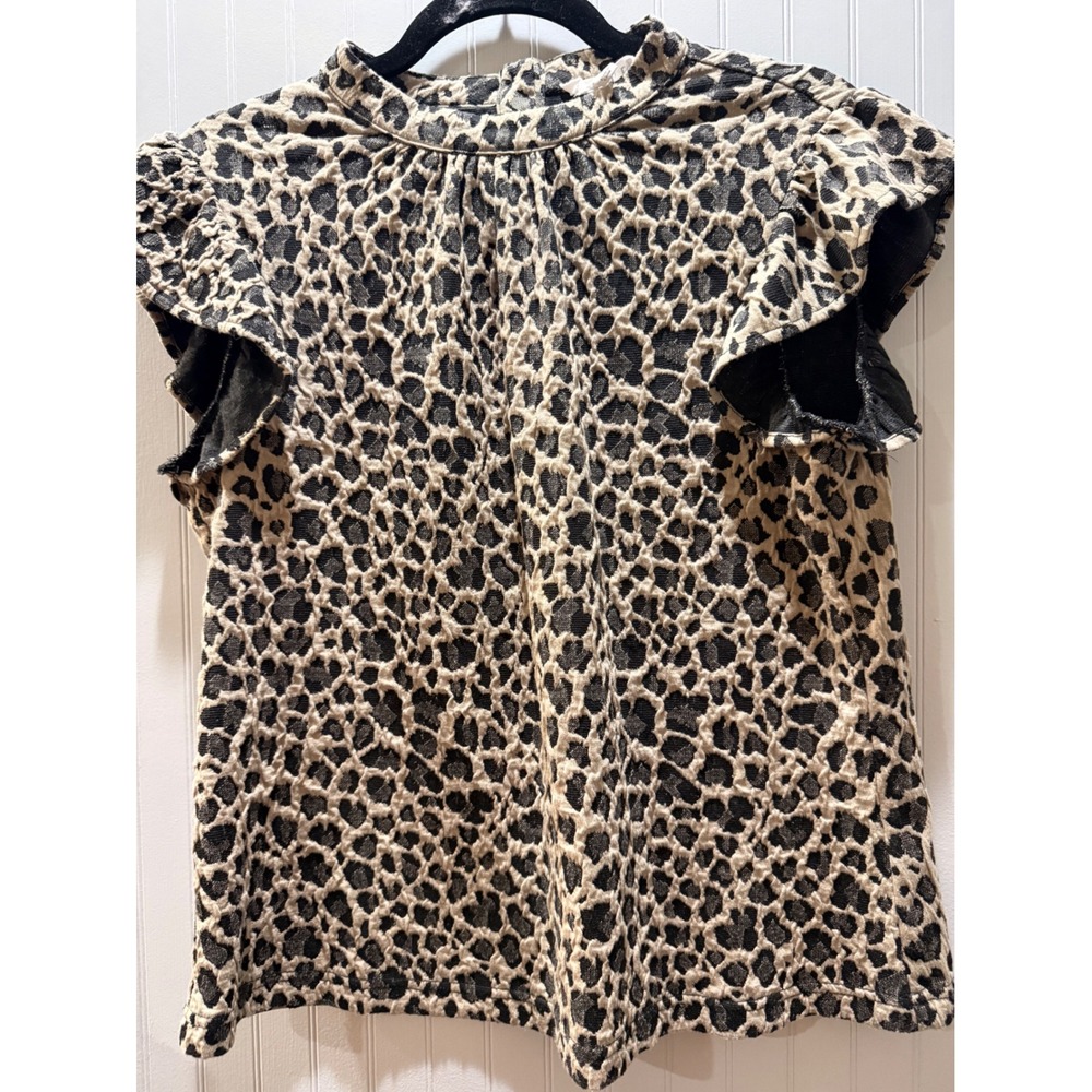 THML Leopard Print Jacquard Mock Neck Ruffle Sleeve Blouseโ Tan Black Small